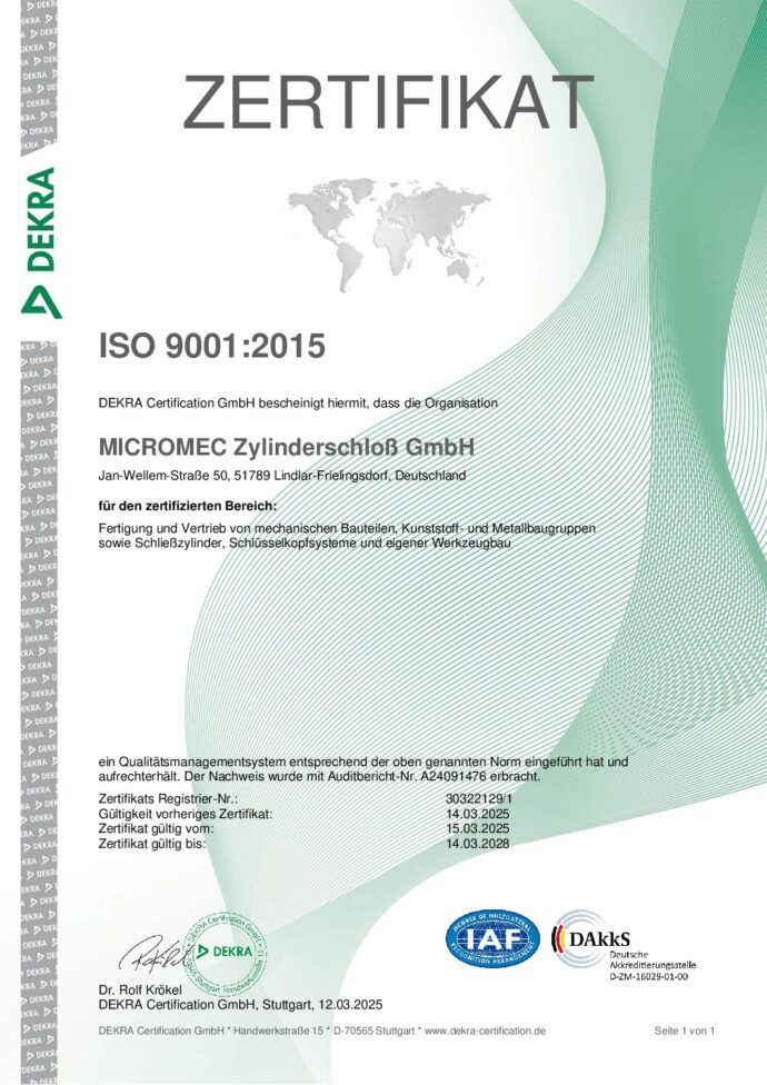 Micromec ISO 9001 Zertifikat 2025